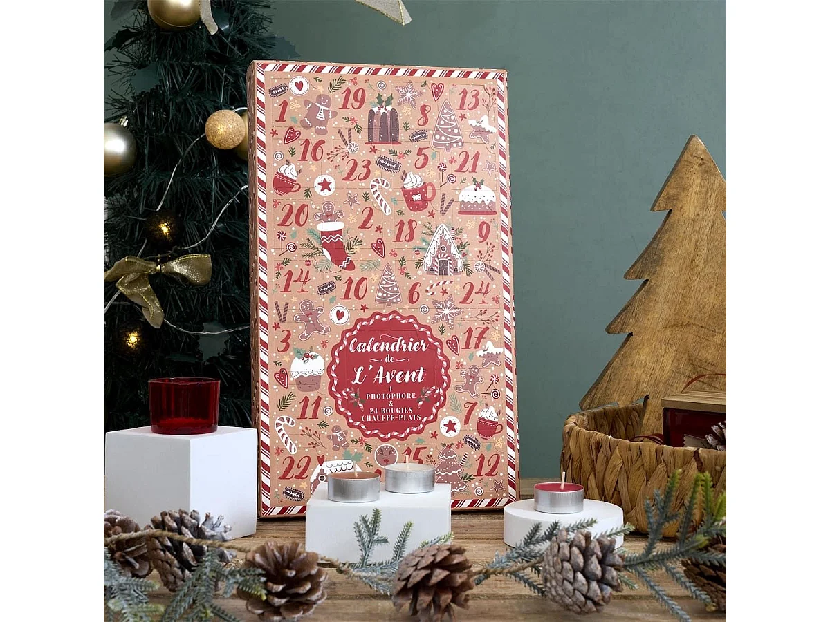 Calendrier de l'Avent Bougies Parfumées (3 parfums) avec Photophore en Verre Rouge