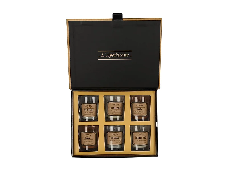 Coffret 6 bougies apothicaire parfums musc blanc, ambre et fleur de coton