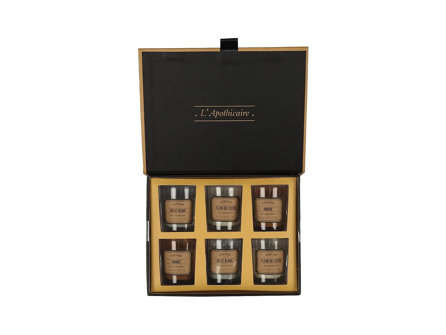 Coffret 6 bougies apothicaire parfums musc blanc, ambre et fleur de coton