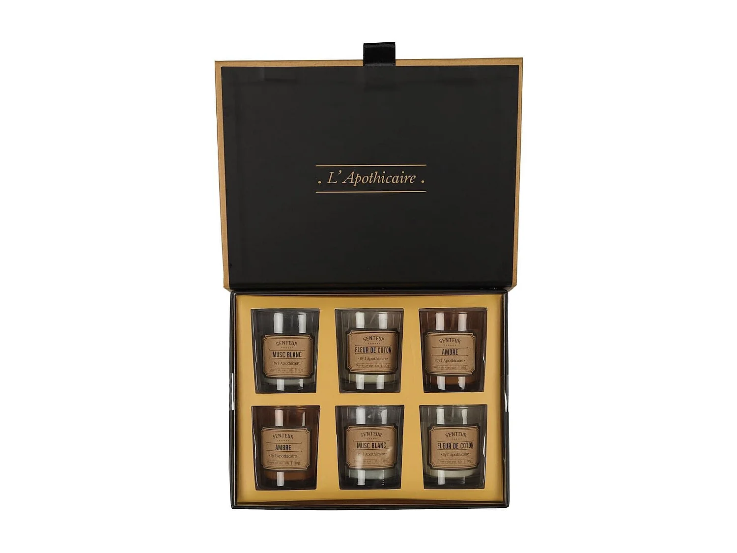 Coffret 6 bougies apothicaire parfums musc blanc, ambre et fleur de coton