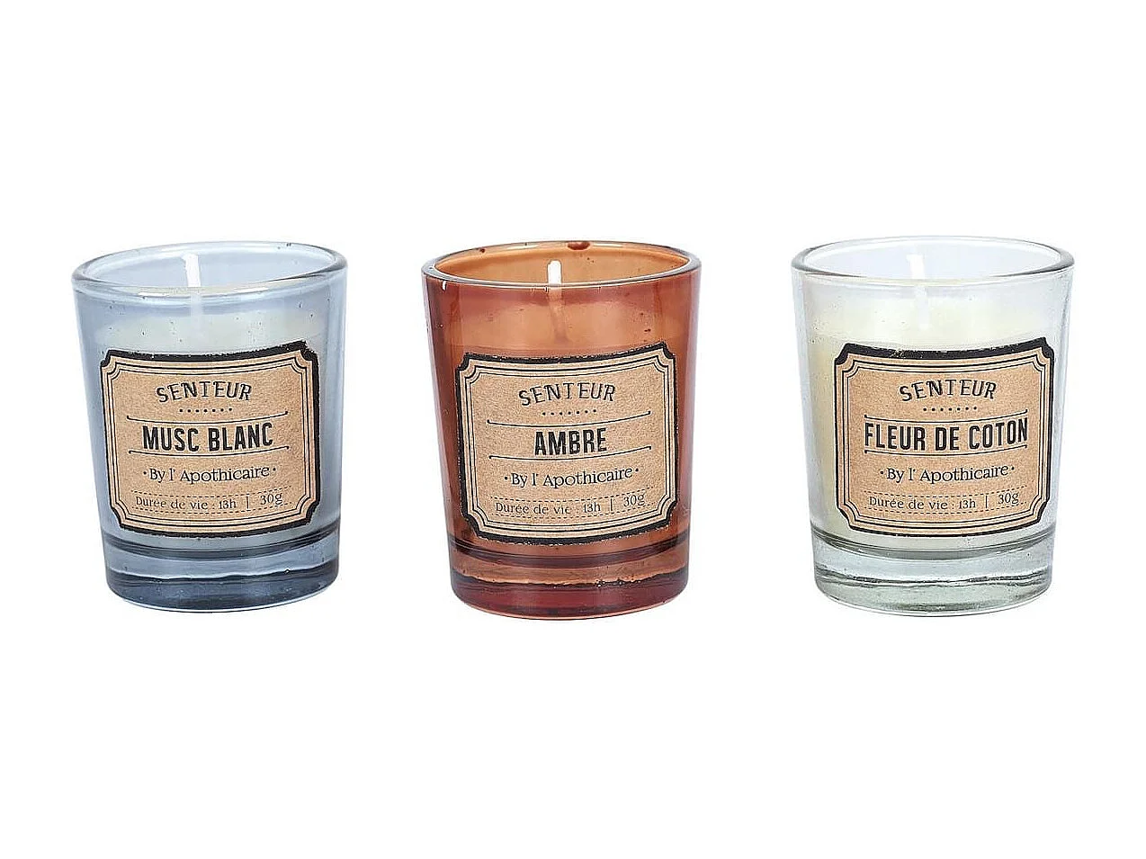 Coffret 6 bougies apothicaire parfums musc blanc, ambre et fleur de coton