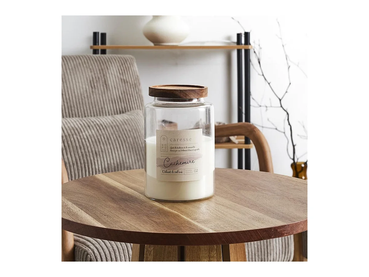 Bougie parfumée avec couvercle en acacia (H16,5 cm) senteur cachemire