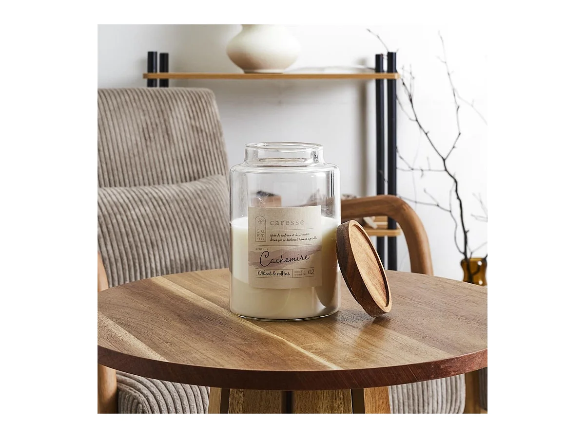 Bougie parfumée avec couvercle en acacia (H16,5 cm) senteur cachemire
