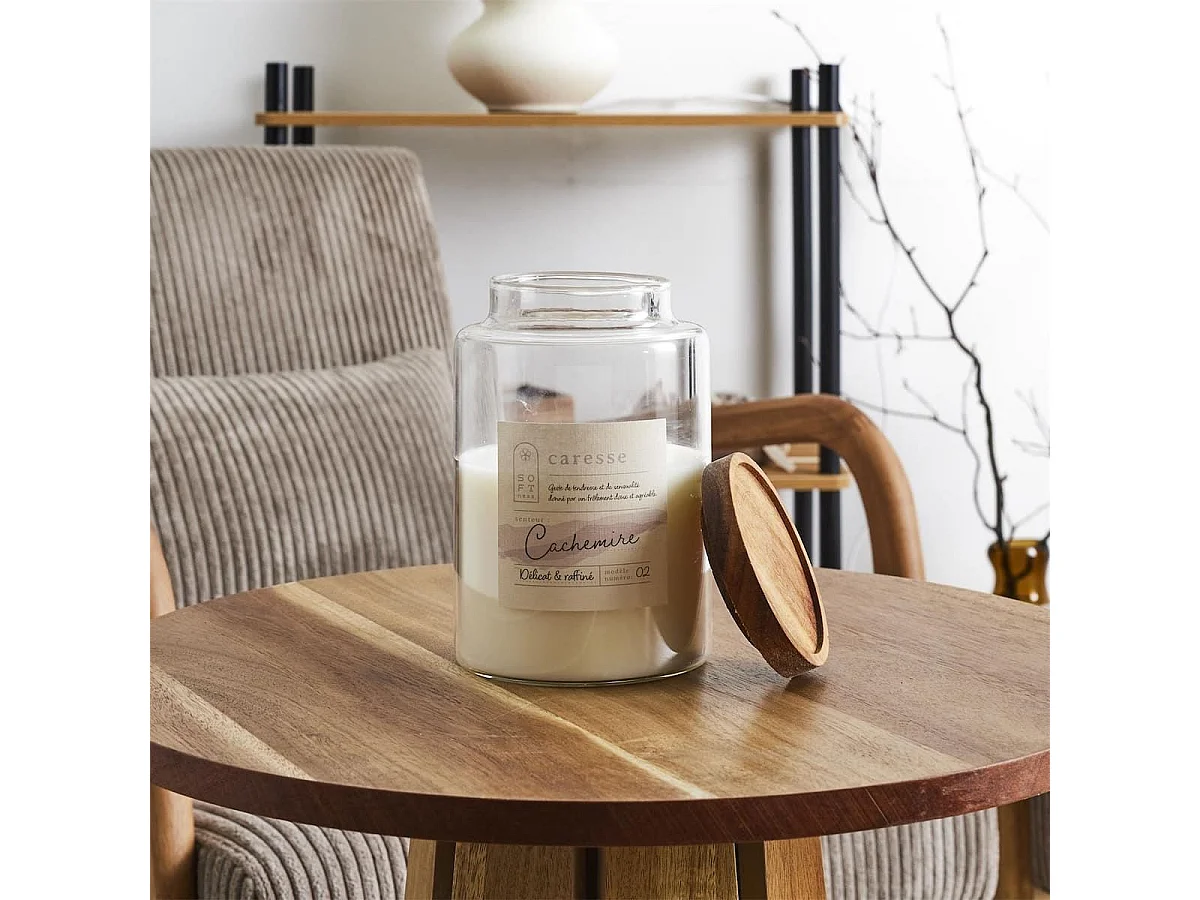 Bougie parfumée avec couvercle en acacia (H16,5 cm) senteur cachemire