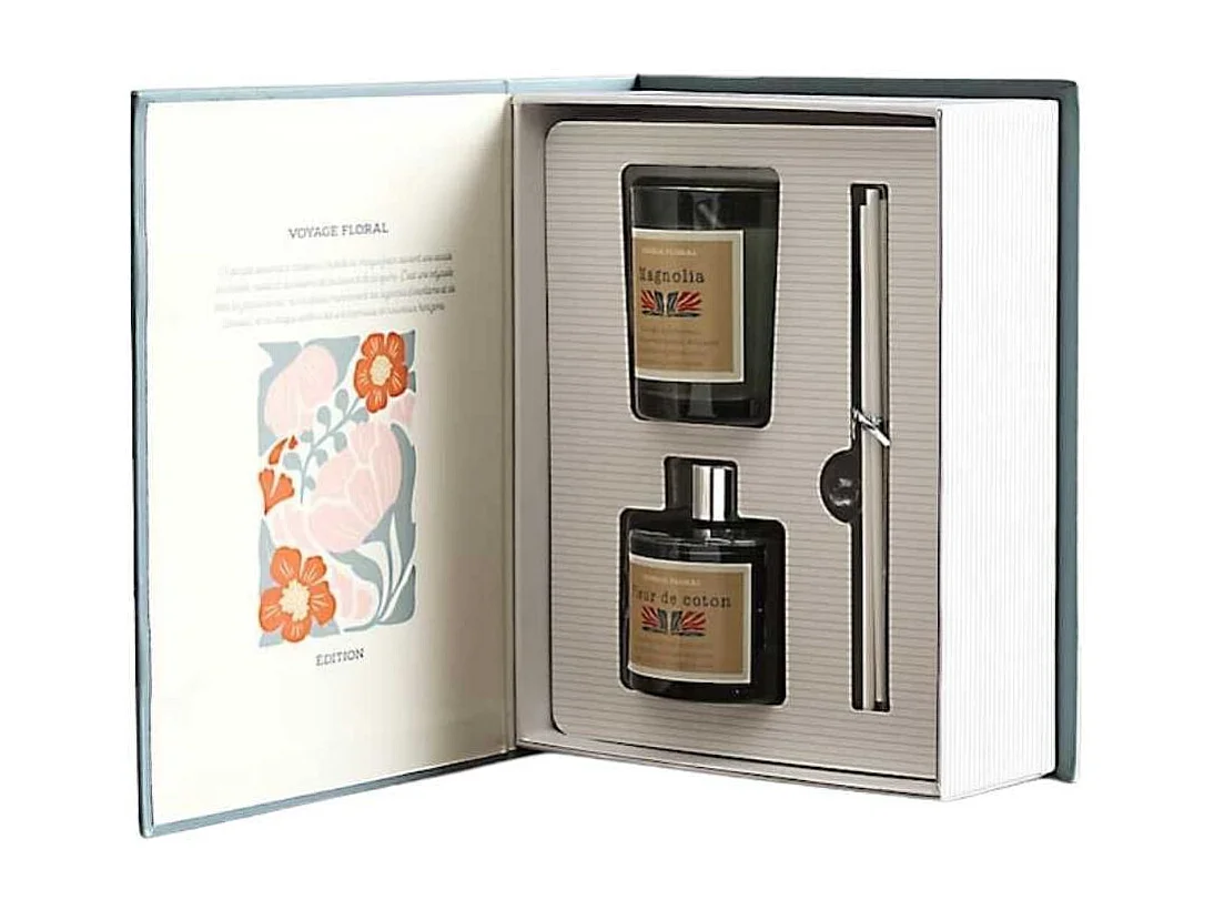 Coffret avec 1 bougie parfumée magnolia et 1 diffuseur fleur de coton