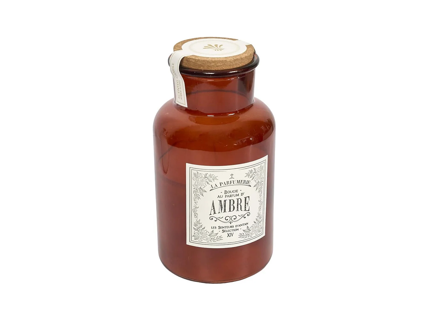 Bougie XXL en verre marron avec couvercle en liège senteur ambre (H25,5 cm)