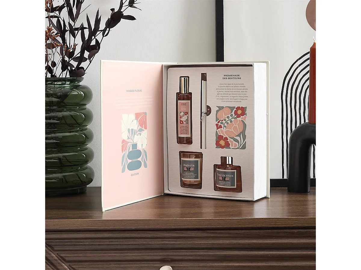 Coffret parfum d'intérieur avec bougie magnolia, diffuseur fleur de coton et spray iris