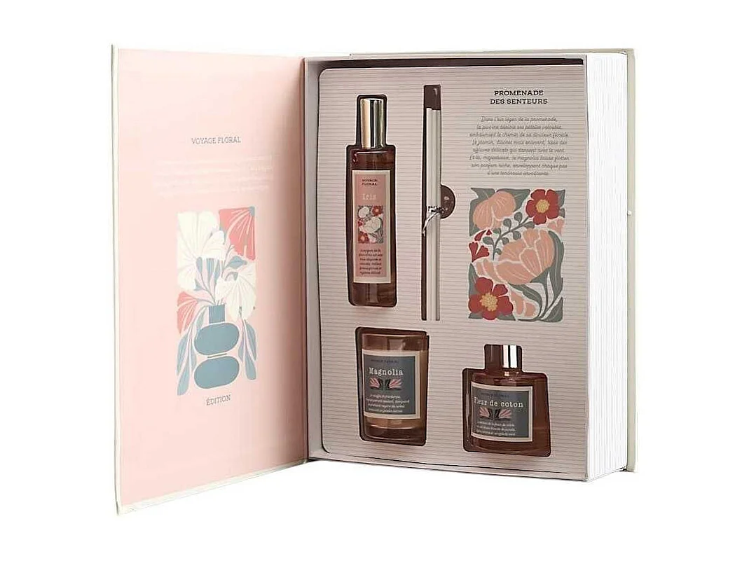 Coffret parfum d'intérieur avec bougie magnolia, diffuseur fleur de coton et spray iris