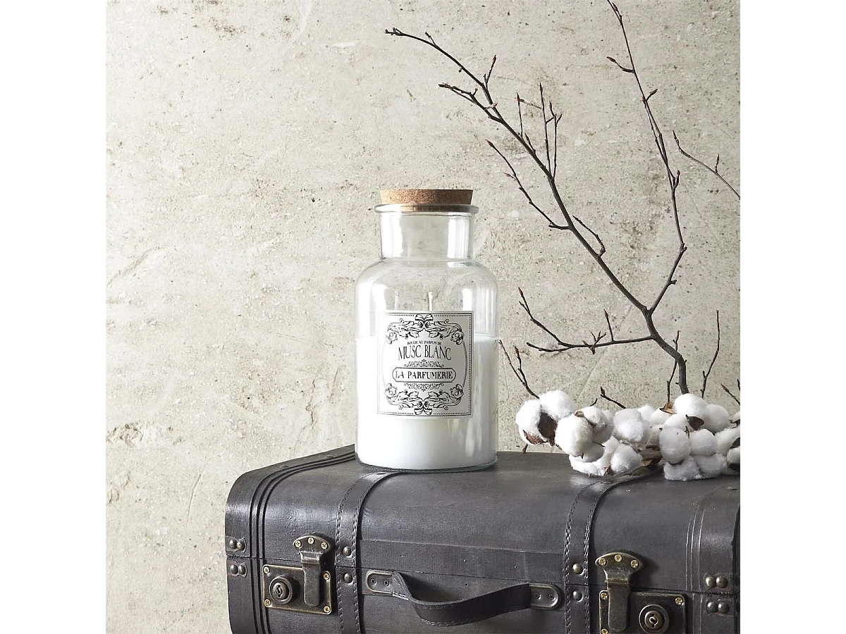 Bougie XXL en verre avec couvercle en liège senteur musc blanc (H25,5 cm)