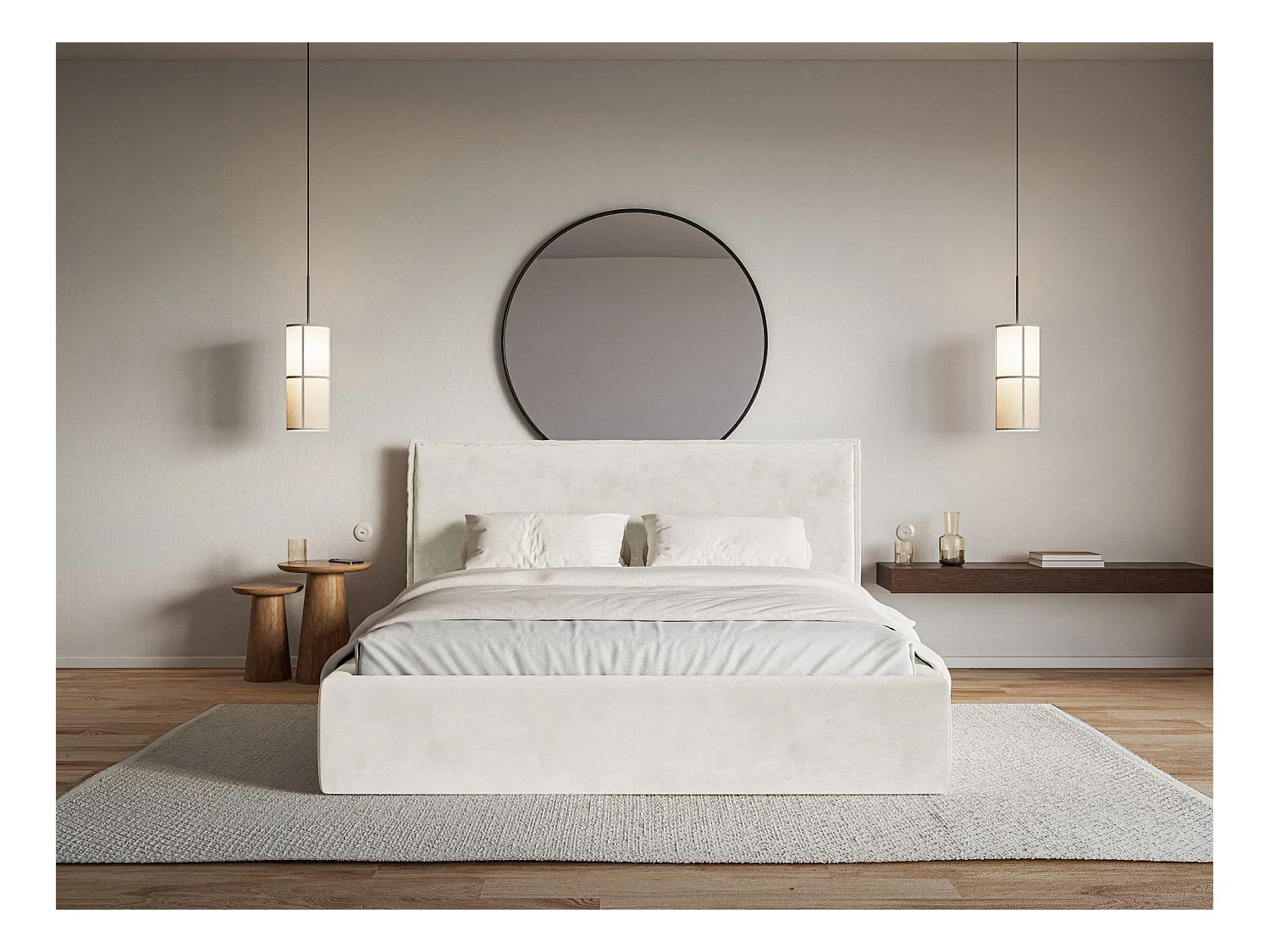 Lit tapissé 140×200 avec coffre et sommier - velours - grège - SOFTIE