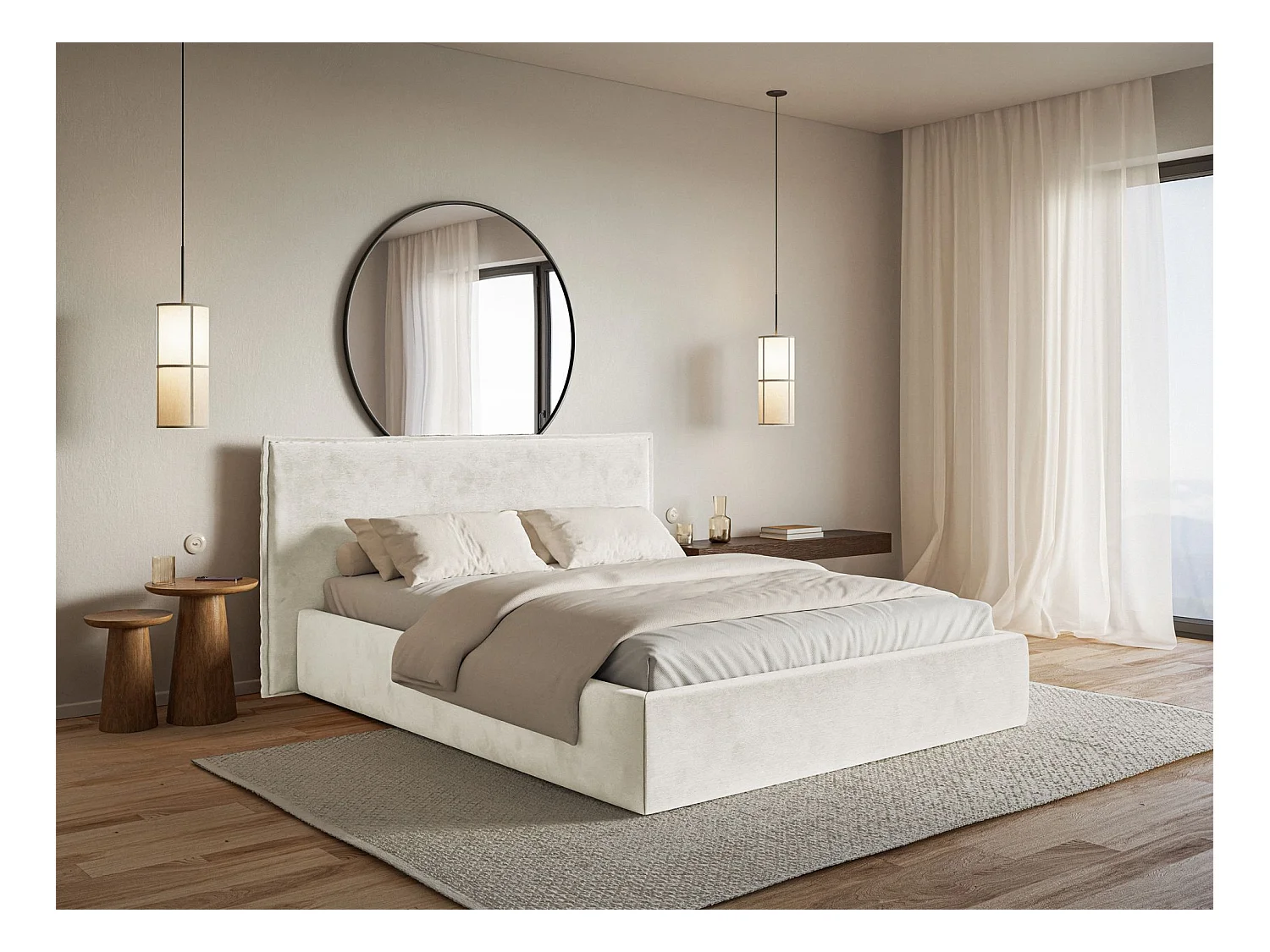 Lit tapissé 140×200 avec coffre et sommier - velours - grège - SOFTIE