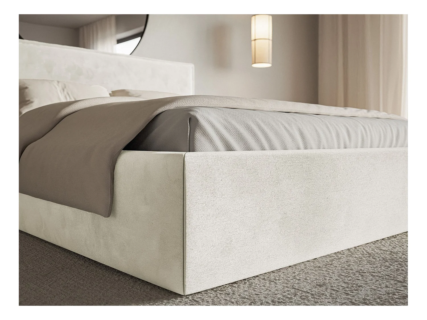 Lit tapissé 140×200 avec coffre et sommier - velours - grège - SOFTIE