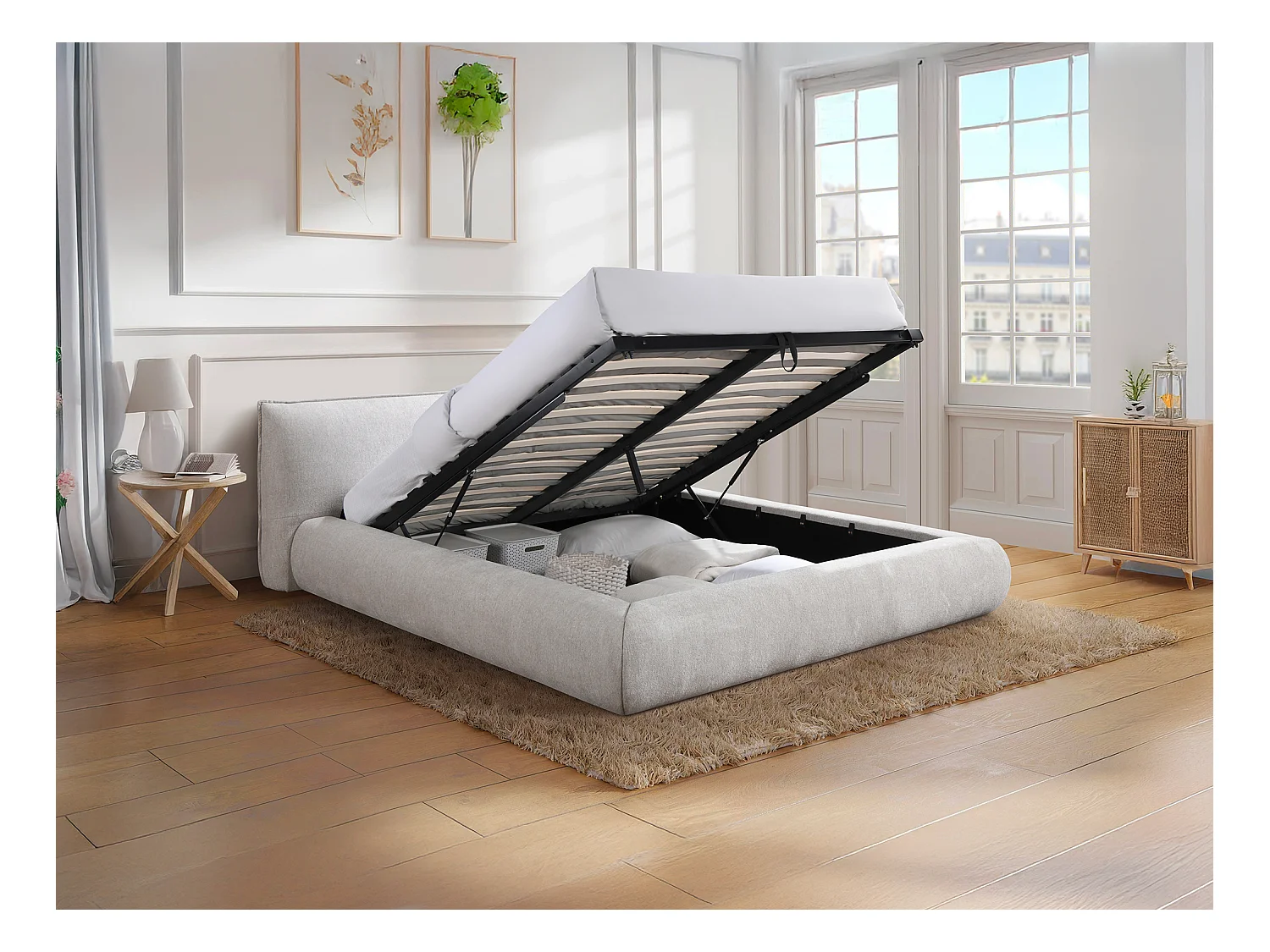 Letto contenitore 180 x 200 cm - Tessuto - Beige + Materasso - MIRSIO