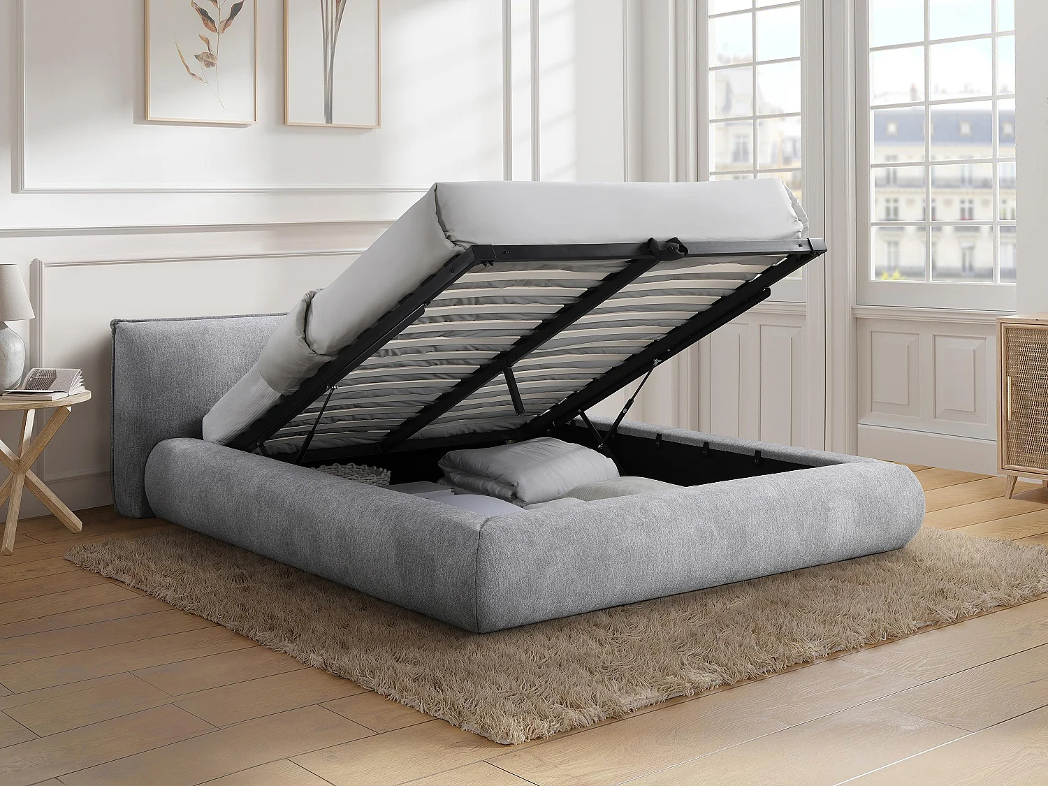 Lit coffre 180 x 200 cm - Tissu - Gris clair + Matelas - MIRSIO