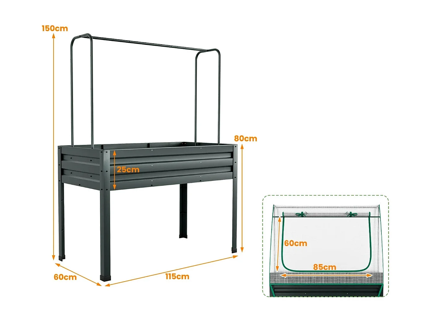 Jardinière Surélevée Potager 3-en-1 avec Couverture de Serre et Treillis Bac de Plantation Métallique sur Pieds avec Trous de Drainage Gris