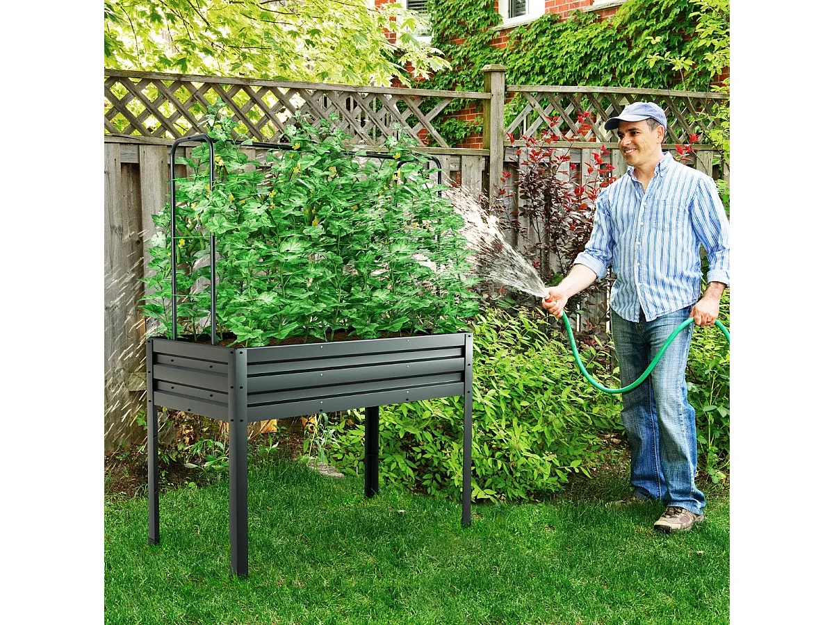 Jardinière Surélevée Potager 3-en-1 avec Couverture de Serre et Treillis Bac de Plantation Métallique sur Pieds avec Trous de Drainage Gris