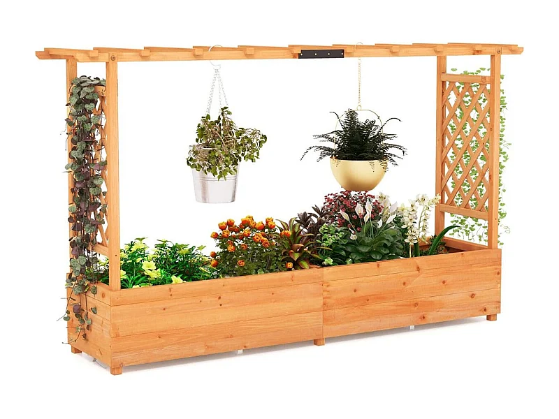 Holz Hochbeet mit Rankgitter & Hängendem Dach & Rankhilfe Pflanzkasten 200 x 44 x 114 cm