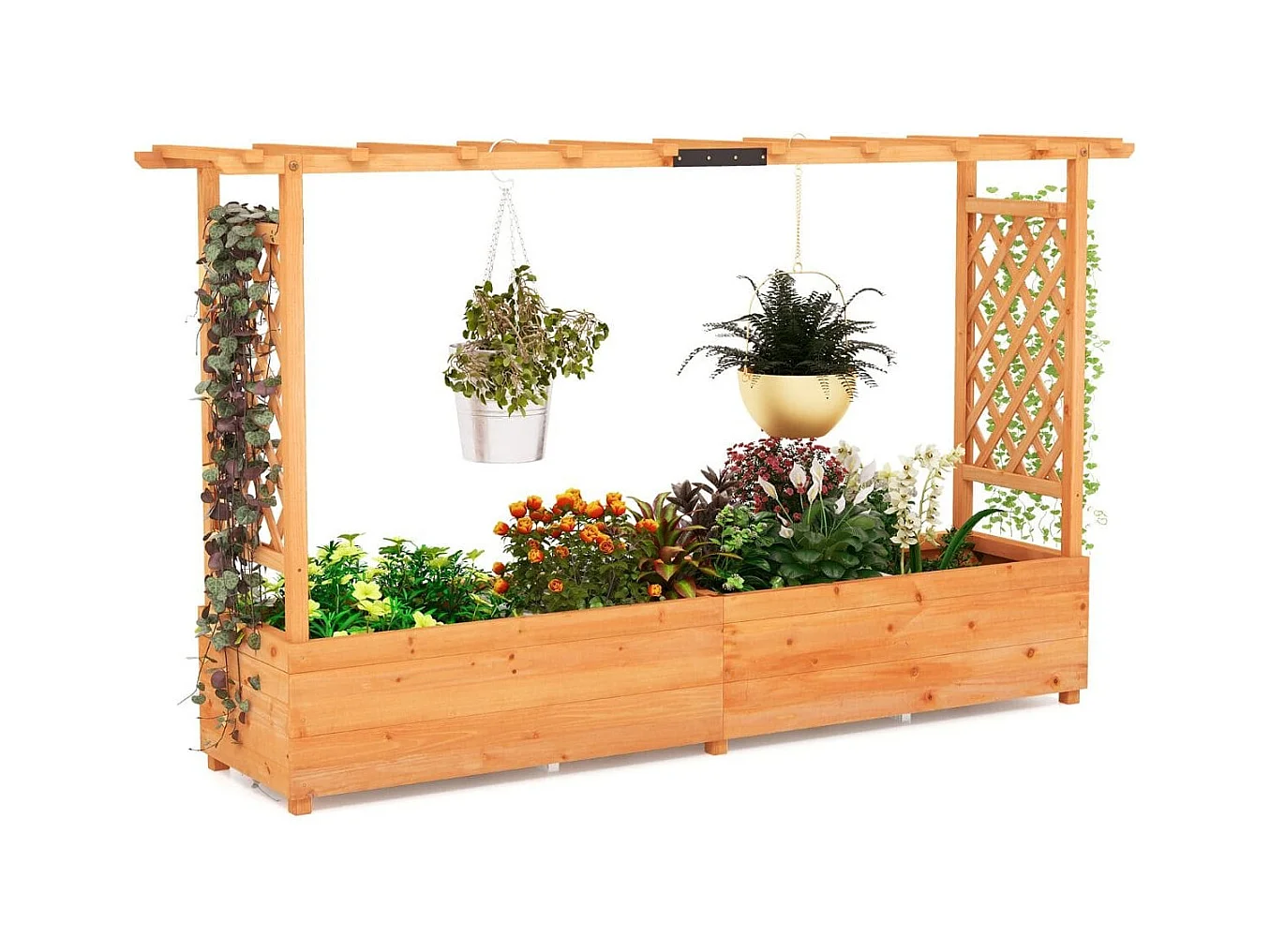 Jardinière avec 2 Treillis Latéraux Toit Suspendu en Bois de Sapin avec Trou de Drainage Lit de Jardin Surélevé 200,5x113,5x44cm Orange