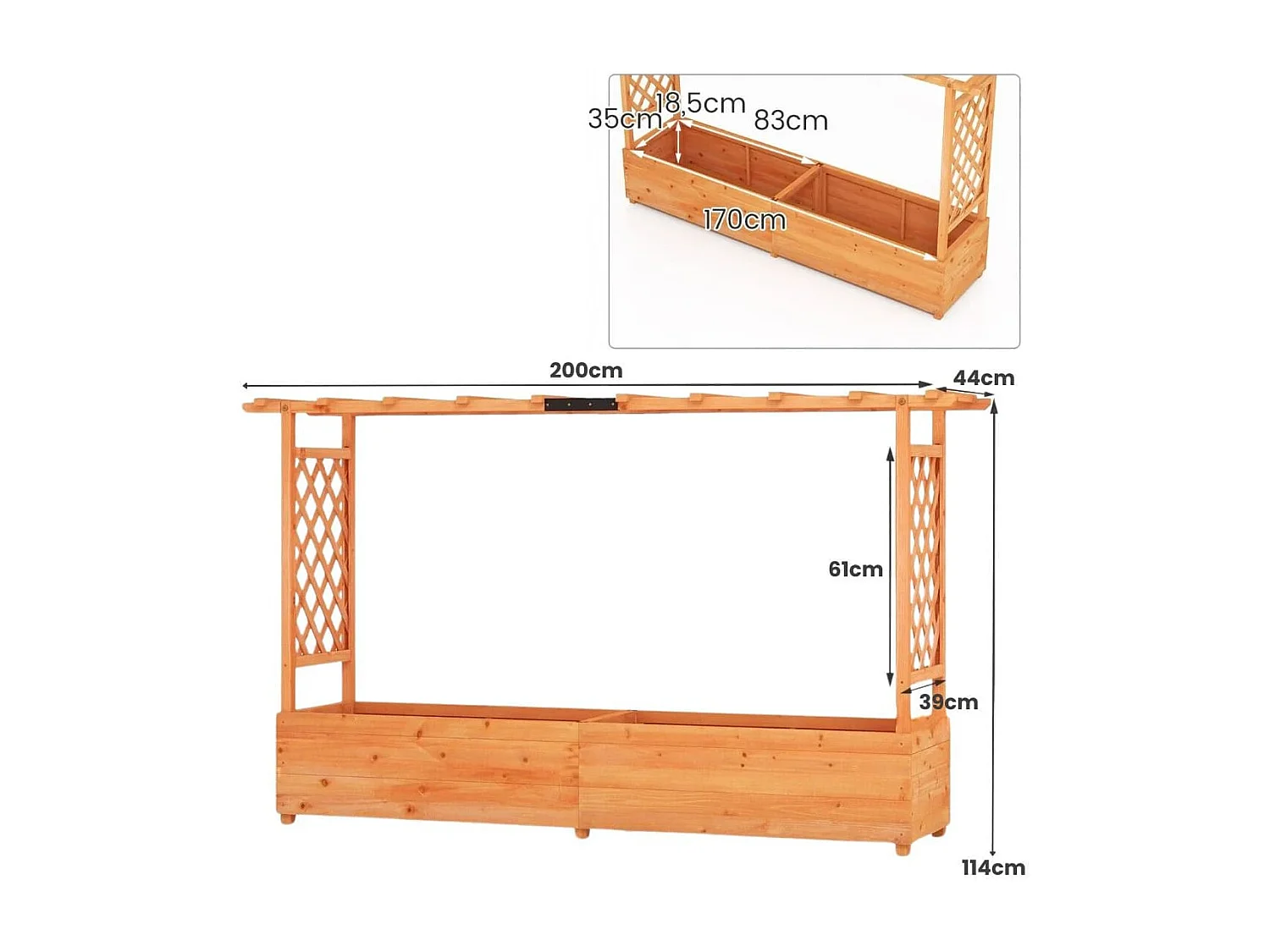Jardinière avec 2 Treillis Latéraux Toit Suspendu en Bois de Sapin avec Trou de Drainage Lit de Jardin Surélevé 200,5x113,5x44cm Orange