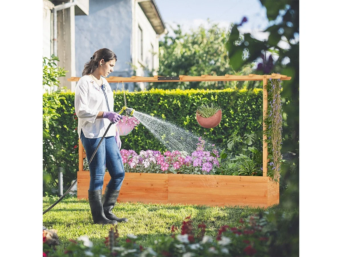 Jardinière avec 2 Treillis Latéraux Toit Suspendu en Bois de Sapin avec Trou de Drainage Lit de Jardin Surélevé 200,5x113,5x44cm Orange