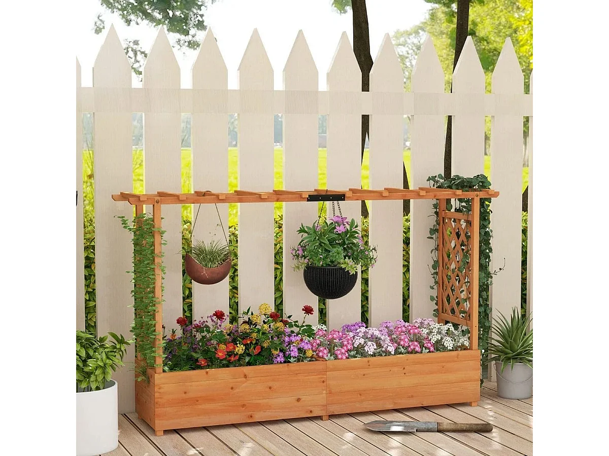 Jardinière avec 2 Treillis Latéraux Toit Suspendu en Bois de Sapin avec Trou de Drainage Lit de Jardin Surélevé 200,5x113,5x44cm Orange