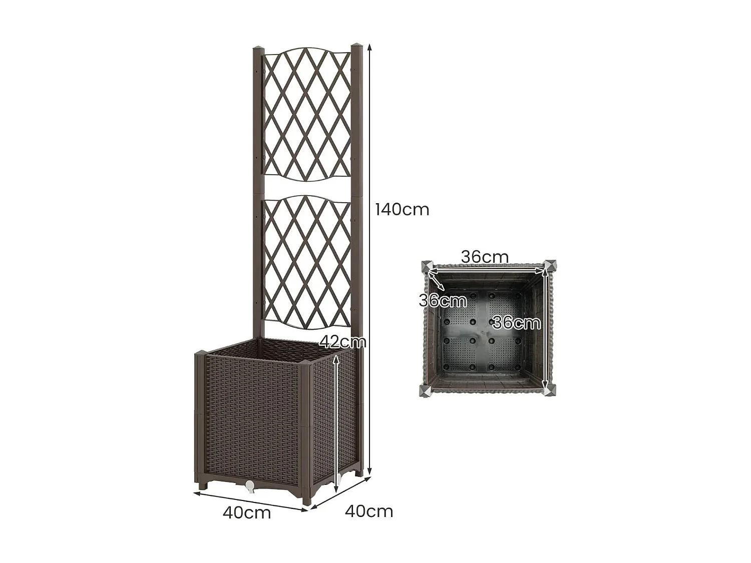 Jardinière avec Treillis sur Pied Bac de Plantation Auto-arrosage en Rotin PP avec Trou de Drainage Lit de Jardin Café