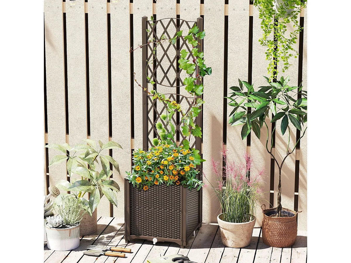 Jardinière avec Treillis sur Pied Bac de Plantation Auto-arrosage en Rotin PP avec Trou de Drainage Lit de Jardin Café