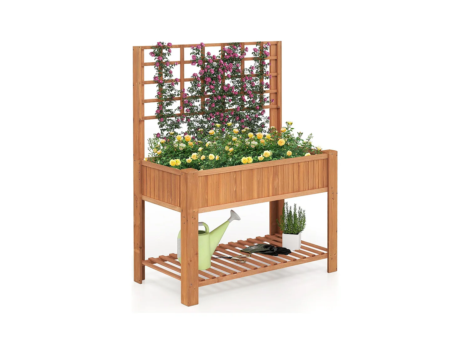 Bac à fleurs en bois avec treillis et étagère Bac à fleurs avec trous d'évacuation Bac à plantes brun