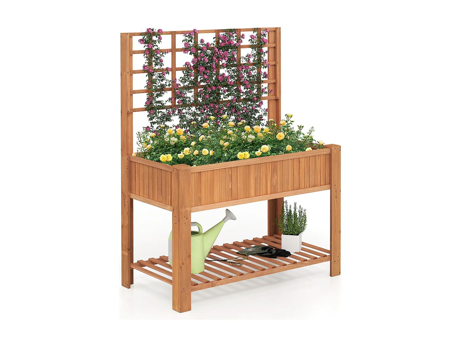 Holz Hochbeet mit Spalier & Ablage Blumenbeet mit Ablauflöchern Gartenbeet Pflanzkasten Braun