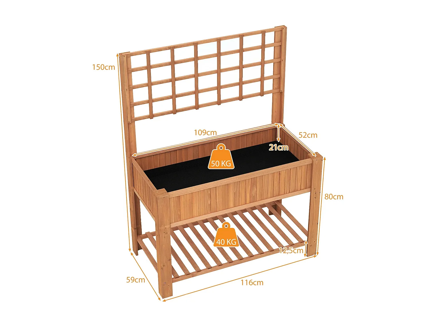 Holz Hochbeet mit Spalier & Ablage Blumenbeet mit Ablauflöchern Gartenbeet Pflanzkasten Braun