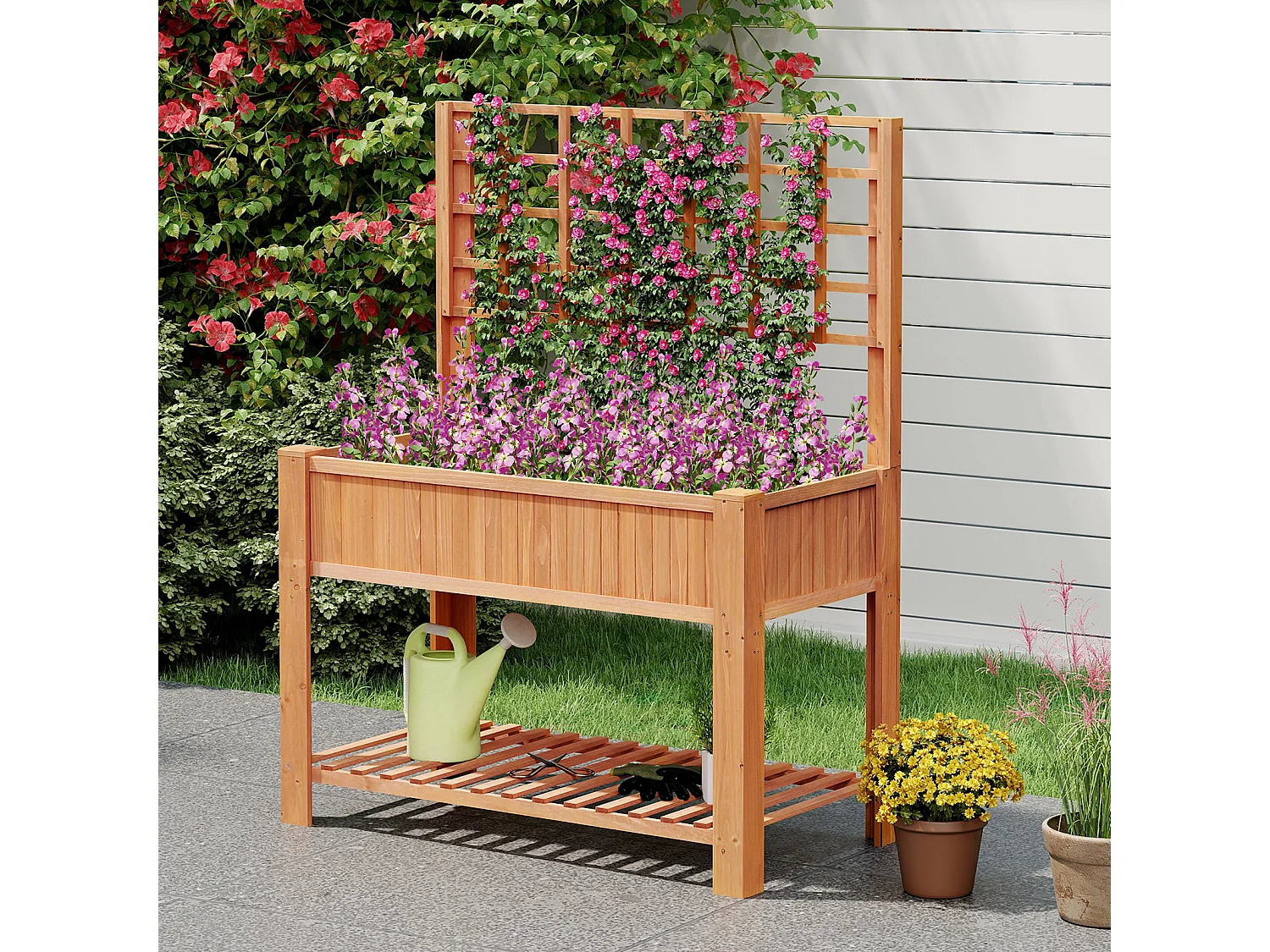 Holz Hochbeet mit Spalier & Ablage Blumenbeet mit Ablauflöchern Gartenbeet Pflanzkasten Braun