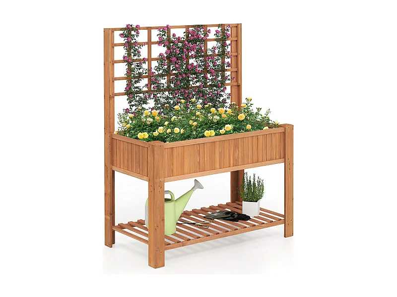 Holz Hochbeet mit Spalier & Ablage Blumenbeet mit Ablauflöchern Gartenbeet Pflanzkasten Braun