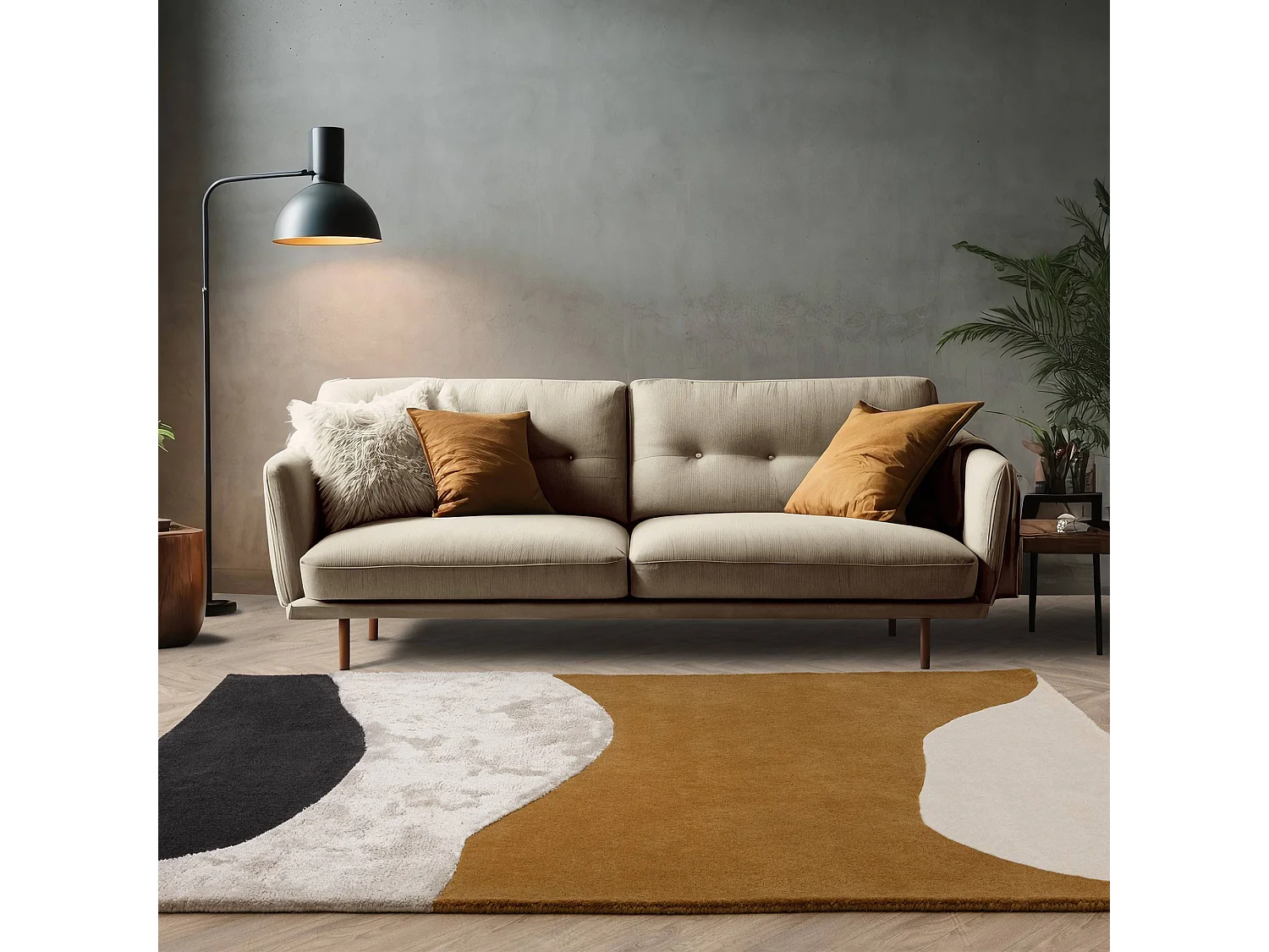 Geometrisch tapijt van wol, viscose en nylon - 120x170cm - zwart, crème, oker - Matrix Signature