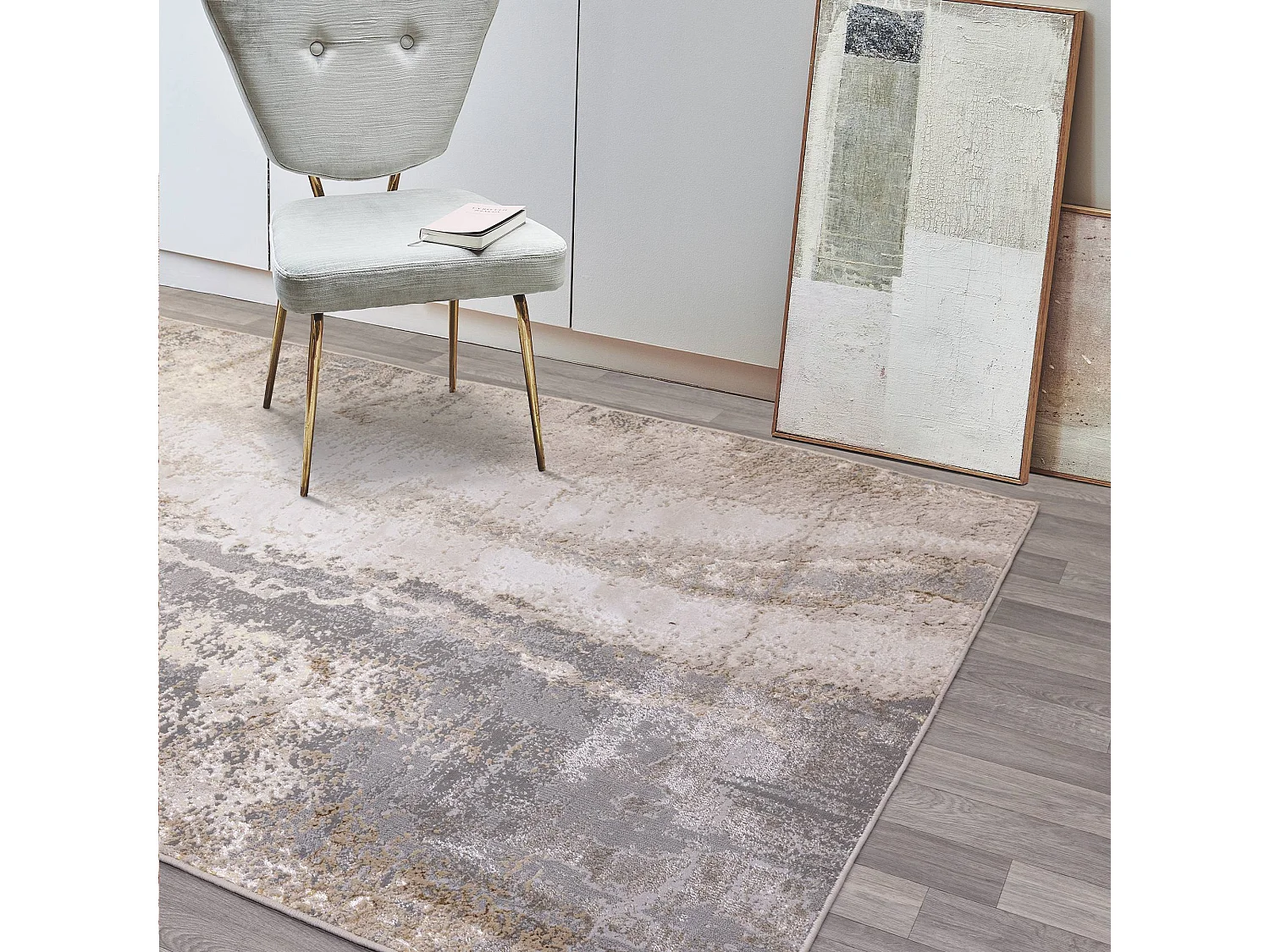 Abstract tapijt - 200x290cm - goud, grijs, beige - Aurora Cliff