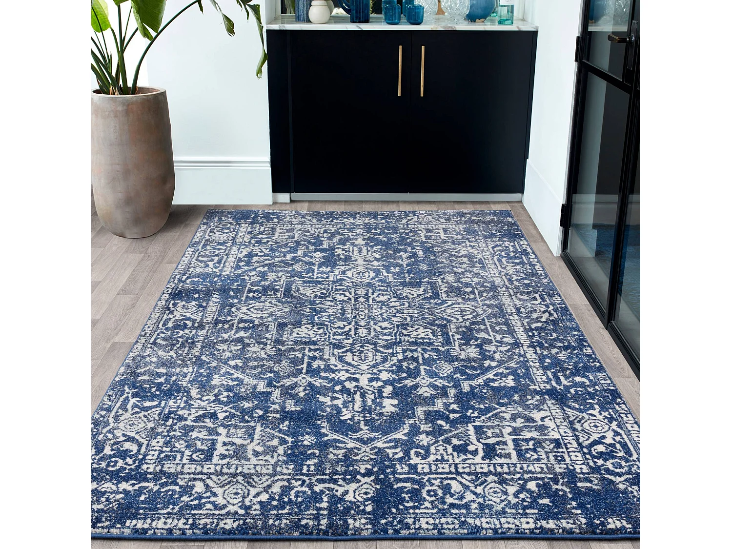 Vintage tapijt - 160x230cm - marineblauw, wit - Nova Antique