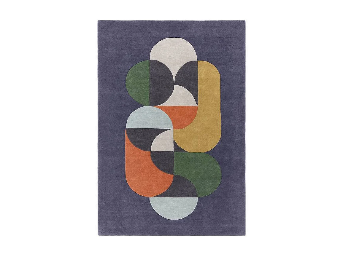 Tapis géométrique tufté main 100% en laine - 160x230cm -  bleu, vert, crème, orange, doré - Matrix Statement