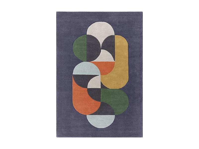 Geometrisch tapijt, handgemaakt 100% wol - 160x230cm - blauw, groen, crème, oranje, goud - Matrix Statement