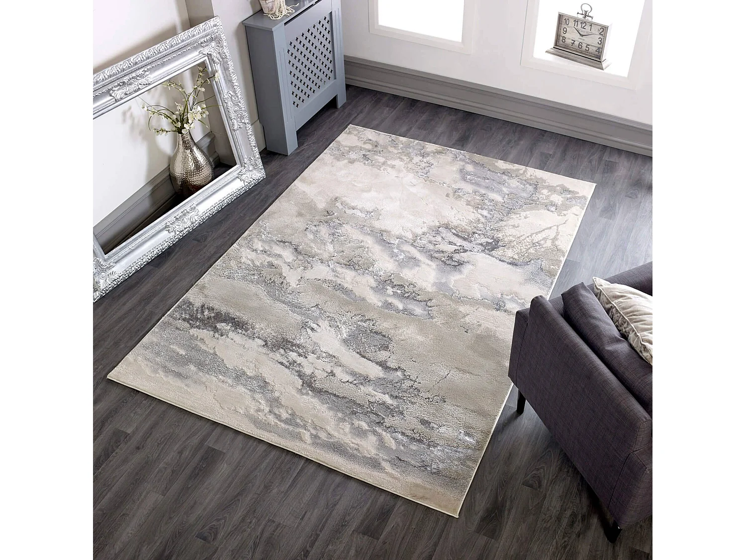 Abstract tapijt - 120x170cm - zilver, crème, grijs - Aurora Cloud