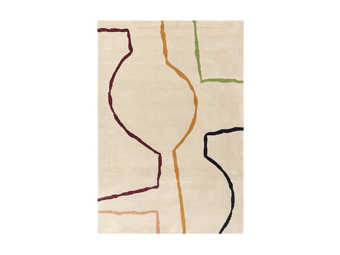 Tappeto in stile medio secolo, fatto a mano 100% lana - 160x230cm - crema, verde, ocre, bordeaux, nero - Reef Linear
