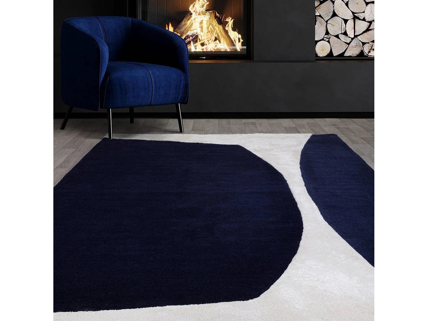 Geometrisch tapijt van wol en viscose - 200x290cm - marineblauw, crème - Matrix Signature