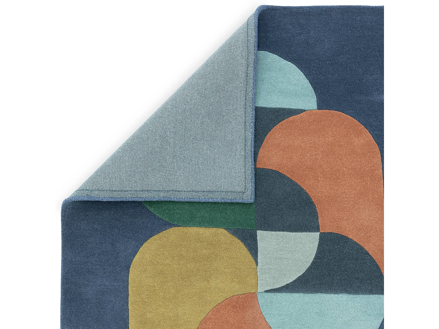 Geometrisch tapijt, handgemaakt 100% wol - 120x170cm - blauw, groen, crème, oranje, goud - Matrix Statement