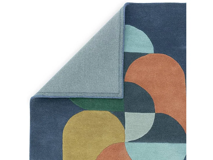 Tapis géométrique tufté main 100% en laine - 120x170cm -  bleu, vert, crème, orange, doré - Matrix Statement