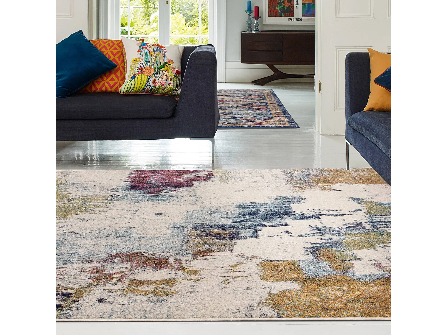 Abstract tapijt in meerdere kleuren - 200x290cm - geel, blauw, crème, bordeaux - Nova Abstract