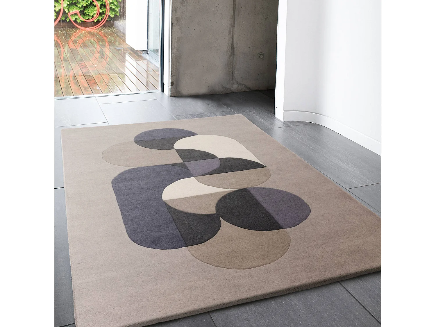 Geometrisch tapijt, handgemaakt 100% wol - 200x290cm - grijs, blauw, zwart, beige, crème - Matrix Statement