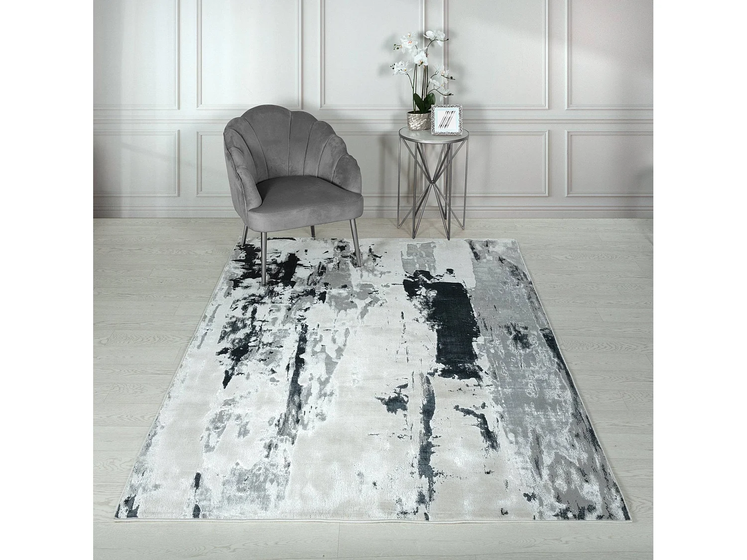 Abstract tapijt - 160x230cm - zilver, crème, wit, grijs - Aurora Glacier