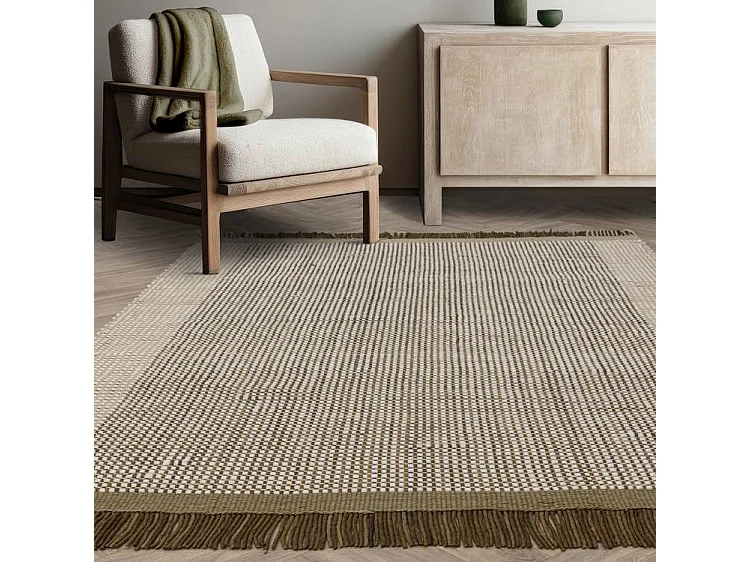 Tapis tissé à la main 100% laine - 120x170cm - vert, crème, blanc - Avalon