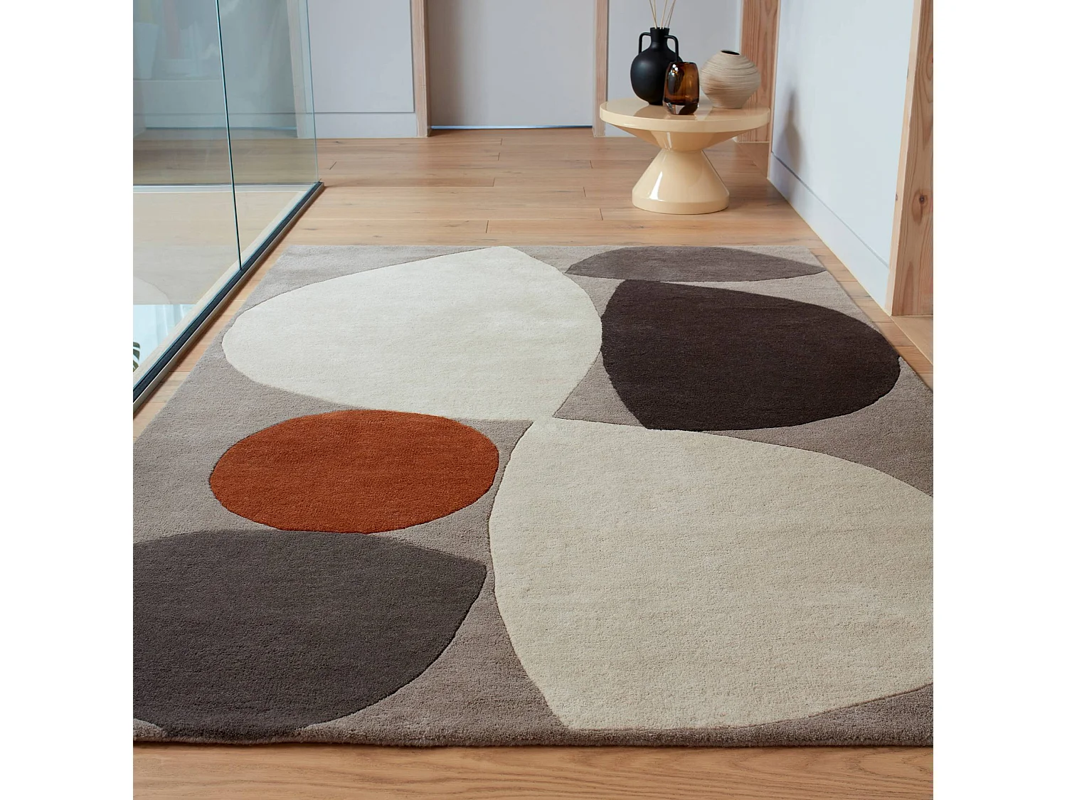Handgeweven mid-century stijl tapijt van 100% wol - 160x230cm - grijs, crème, oranje - Reef Mid Century