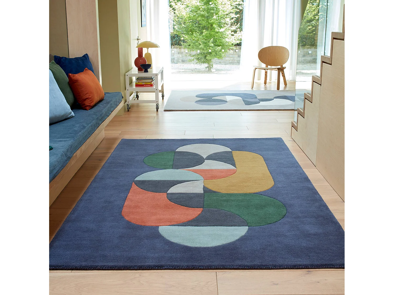 Geometrisch tapijt, handgemaakt 100% wol - 200x290cm - blauw, groen, crème, oranje, goud - Matrix Statement