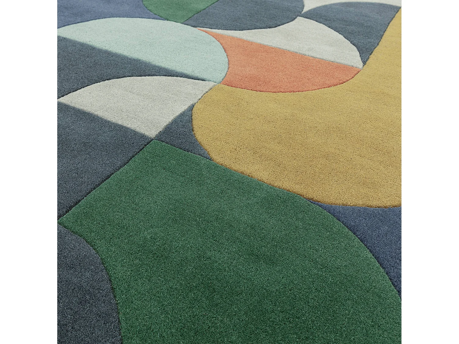 Geometrisch tapijt, handgemaakt 100% wol - 200x290cm - blauw, groen, crème, oranje, goud - Matrix Statement