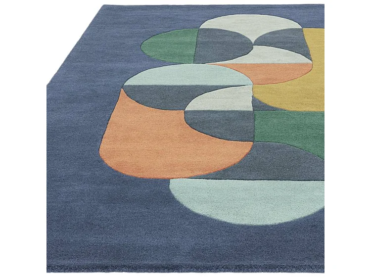 Tapis géométrique tufté main 100% en laine - 200x300cm -  bleu, vert, crème, orange, doré - Matrix Statement